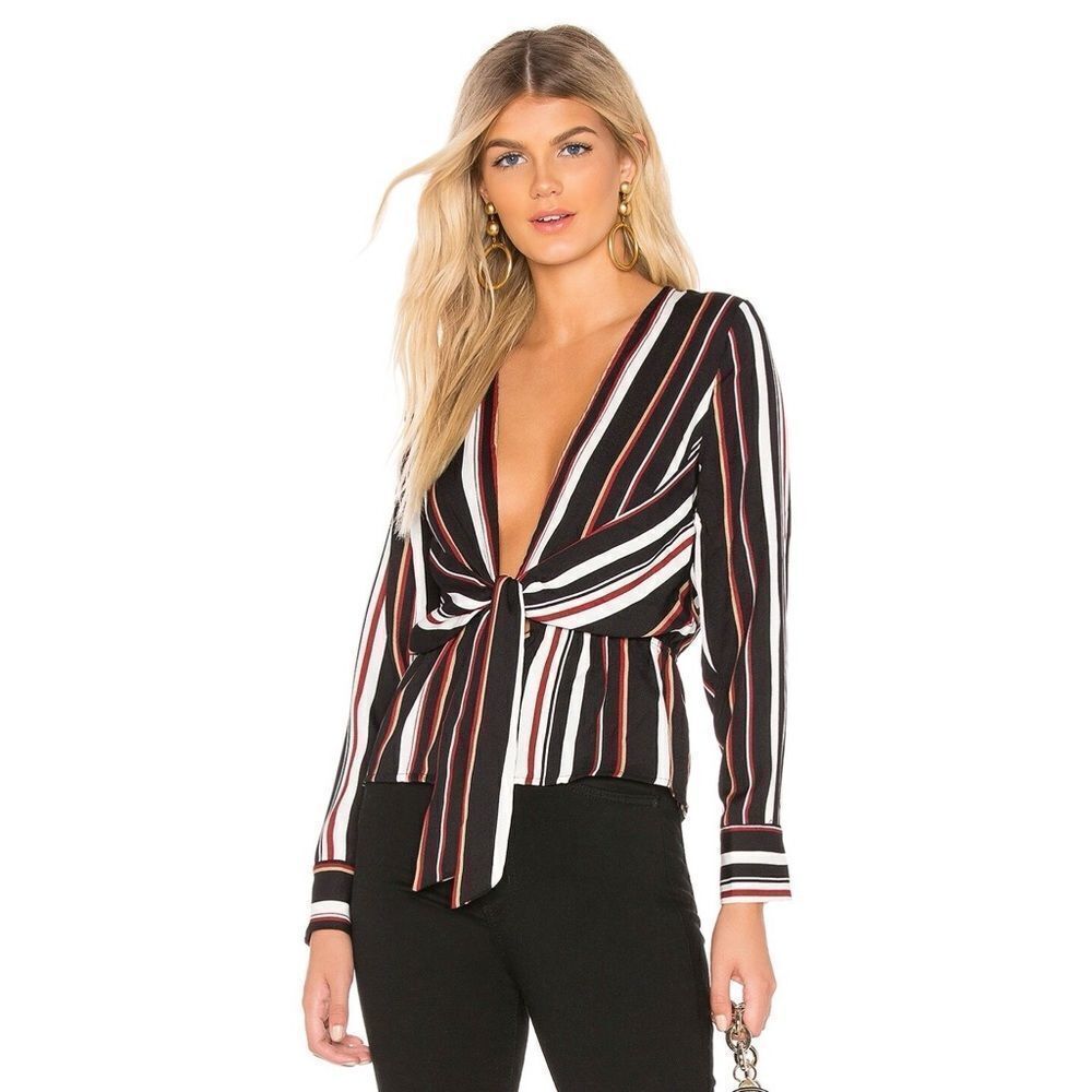 Revolve By The Way Ryna Plunge Black Striped Tie Top